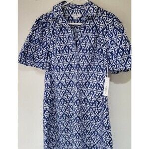 Chico's Blue And White  Size 1 Short Balloon Sleeve Dress With Pockets Crisp